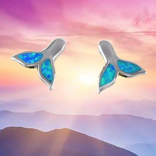 Beautiful Hawaiian Blue Opal Whale Tail Earring, Sterling Silver Blue Opal Whale Tail Stud Earring, E4023 Birthday Mom Girl Mother Gift