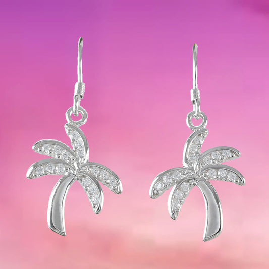 Beautiful Hawaiian Palm Tree Earring, Sterling Silver Palm Tree CZ Dangle Earring, E4022A Birthday Mom Mother Gift, Island Jewelry