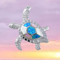 Gorgeous Hawaiian Large Tri-color Opal Sea Turtle Necklace, Sterling Silver Blue White Pink Opal Turtle Pendant, N8366 Birthday Mom Gift