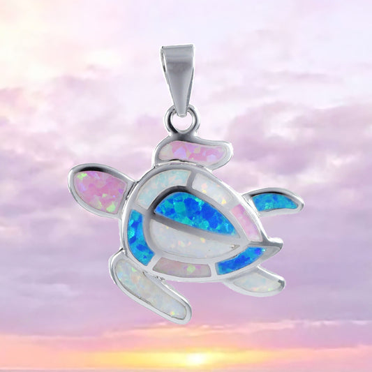 Collier unique et magnifique en forme de tortue de mer en opale tricolore hawaïenne, pendentif en argent sterling en forme de tortue en opale bleue, blanche et rose, cadeau d'anniversaire pour maman N8367