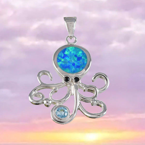 Collier unique en forme de pieuvre avec opale bleue et topaze bleue authentique hawaïenne, pendentif en argent sterling avec opale bleue, cadeau d'anniversaire pour mère, épouse, maman, N8379BT