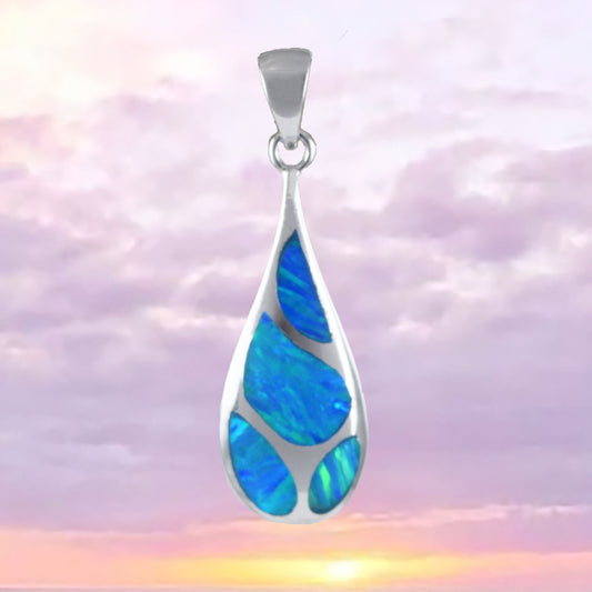 Beautiful Hawaiian Blue Opal Rain Drop Necklace, Sterling Silver Blue Opal Rain-Drop Pendant, N8387 Birthday Mom Mother Gift