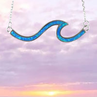 Unique Hawaiian Blue Opal Ocean Wave Necklace, Sterling Silver Blue Opal Wave Necklace, N8390 Birthday Mom Mother Gift, Island Jewelry