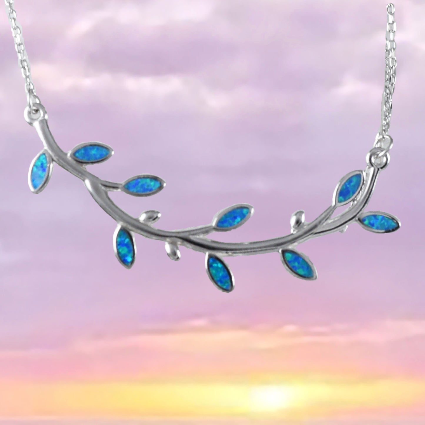 Unique Beautiful Large Hawaiian Blue Opal Maile Leaf Necklace, Sterling Silver Blue Opal Maile Leaf Necklace, N8391 Birthday Mother Gift