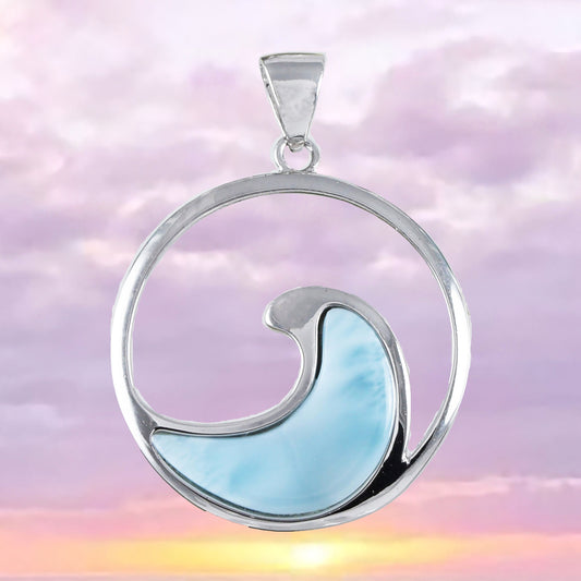 Unique Hawaiian Genuine Larimar Ocean Wave Necklace, Sterling Silver Larimar Ocean Wave Pendant, N8450 Birthday Mother Wife Mom Gift