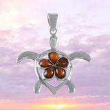 Beautiful Hawaiian Large Genuine Koa Wood Plumeria Sea Turtle Necklace, Sterling Silver Plumeria Turtle Pendant, N8507 Birthday Mom Gift