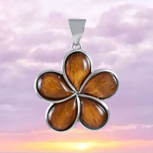 Collier unique en bois de koa véritable de grande taille et plumeria hawaïen, pendentif en argent sterling avec fleur de plumeria, cadeau d'anniversaire pour maman N8511