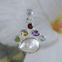 Gorgeous Hawaiian Large Genuine Peridot Citrine Amethyst Blue Topaz White Pearl Necklace, Sterling Silver Gemstone Pendant, N8872