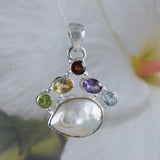 Gorgeous Hawaiian Large Genuine Peridot Citrine Amethyst Blue Topaz White Pearl Necklace, Sterling Silver Gemstone Pendant, N8872