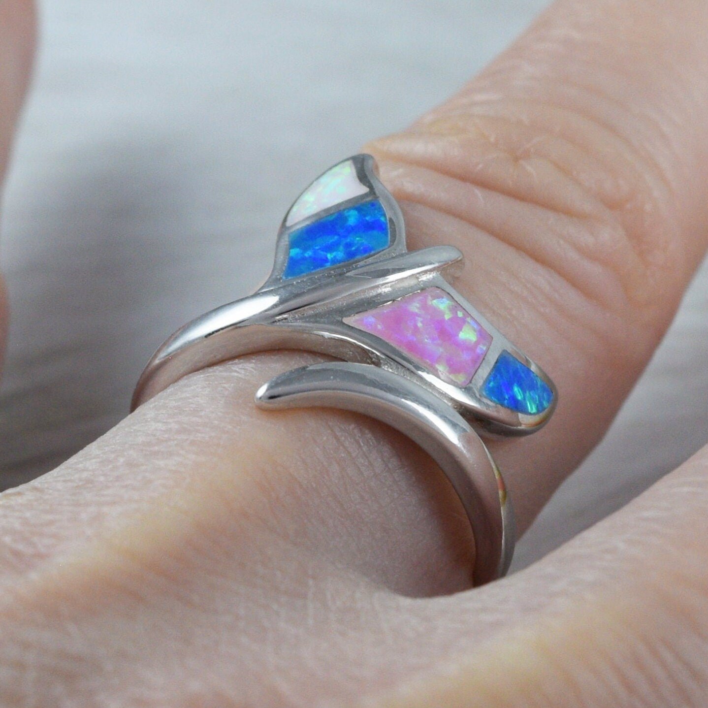 Unique Beautiful Hawaiian Large Tri-color Opal Whale Tail Ring, Sterling Silver Opal Whale Tail Ring, R2380 Birthday Mom Mother Gift