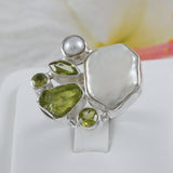 Gorgeous Beautiful Hawaiian X-Large Genuine Peridot White Pearl Ring, Sterling Silver Peridot Pearl Ring, R2601 Birthday Gift, Statement PC