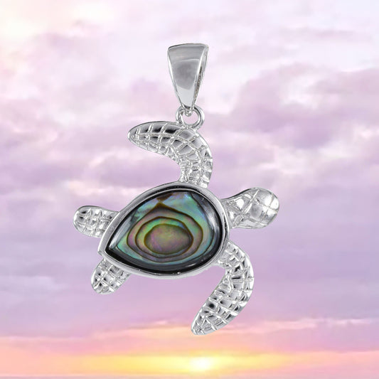 Collier unique en véritable coquille de paua hawaïenne et tortue de mer, pendentif en argent sterling avec nacre d'ormeau, cadeau de Saint-Valentin, d'anniversaire ou de maman, N8529M