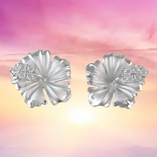 Beautiful Hawaiian Hibiscus Earring, Official Hawaii State Flower, Sterling Silver Hibiscus CZ Stud Earring, E4123 Birthday Wife Mom Gift