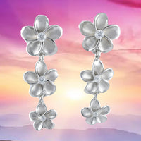 Gorgeous Hawaiian Large 3 Plumeria Earring, Past Present & Future, Sterling Silver Plumeria CZ Dangle Earring, E4127 Birthday Mom Gift