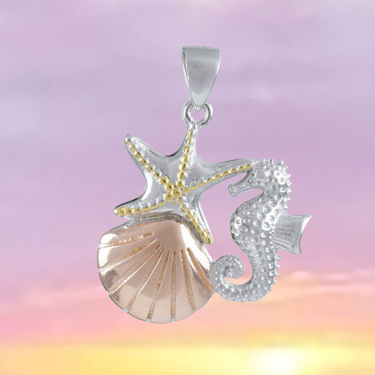 Collier unique hawaïen en forme d'étoile de mer tricolore avec coquillage et hippocampe, pendentif en argent sterling, cadeau d'anniversaire pour maman N8554