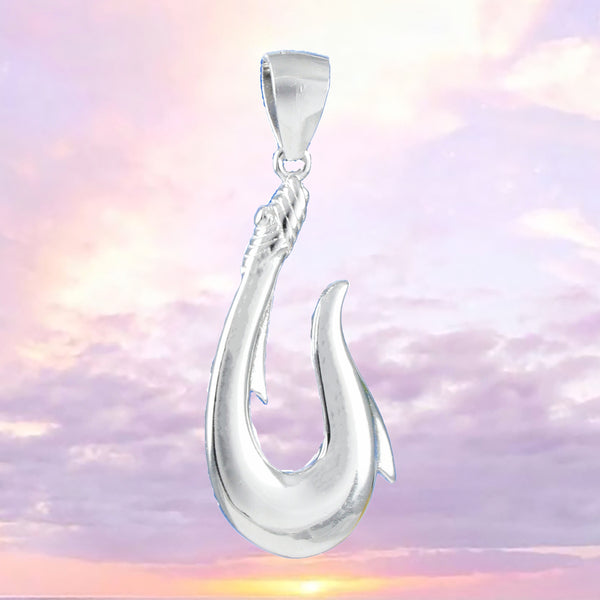 Unique Hawaiian Large 3D Fish Hook Necklace, Sterling Silver 3D Fish Hook Pendant, N8561 Birthday Mother Gift, Island Jewelry