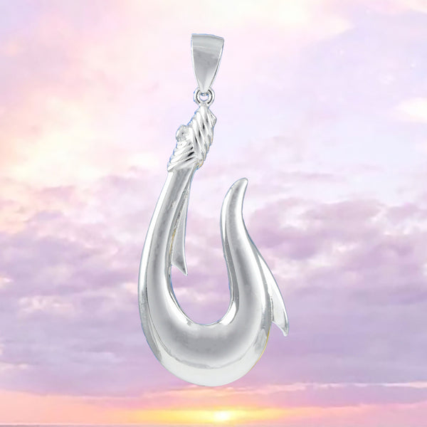 Gorgeous Hawaiian X-Large 3D Fish Hook Necklace, Sterling Silver Fish Hook Pendant N8562 Statement PC, Birthday Mother Father's Day Gift