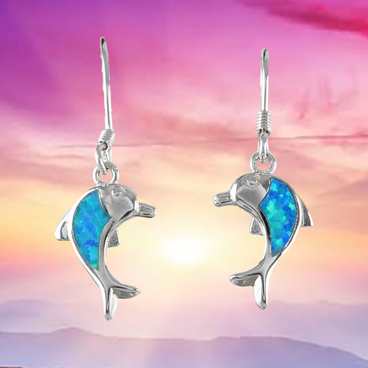 Beautiful Hawaiian Blue Opal Dolphin Earring, Sterling Silver Blue Opal Dolphin Dangle Earring, E4130 Birthday Mom Mother Gift