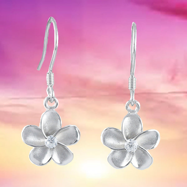 Jolie boucle d'oreille Plumeria hawaïenne, boucle d'oreille pendante en argent sterling avec fleur de Plumeria CZ, E4012, cadeau d'anniversaire pour femme, maman, fille, mère, île