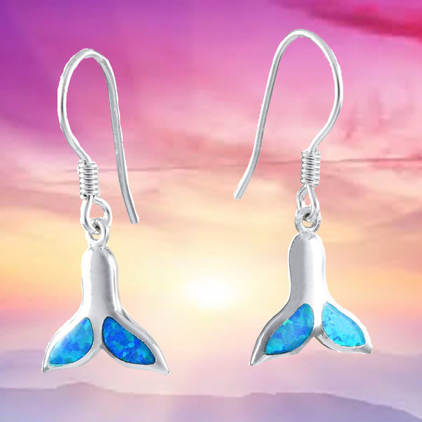 Pretty Hawaiian Blue Opal Whale Tail Earring, Sterling Silver Blue Opal Whale Tail Dangle Earring, E4024 Birthday Wife Mom Mother Gift