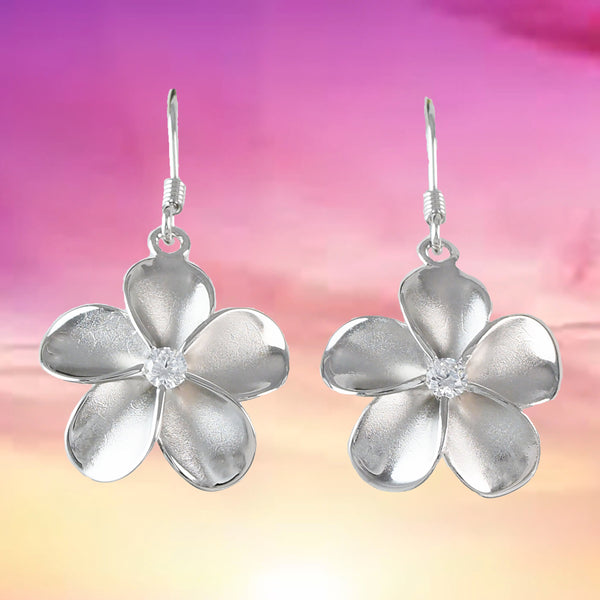 Superbe grande boucle d'oreille Plumeria hawaïenne, boucle d'oreille pendante en argent sterling avec fleur de Plumeria CZ E4028 Cadeau d'anniversaire pour femme, maman, mère