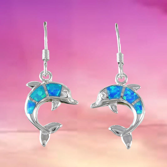 Beautiful Hawaiian Blue Opal Dolphin Earring, Sterling Silver Blue Opal Dolphin Dangle Earring, E4030 Birthday Wife Mom Mother Gift