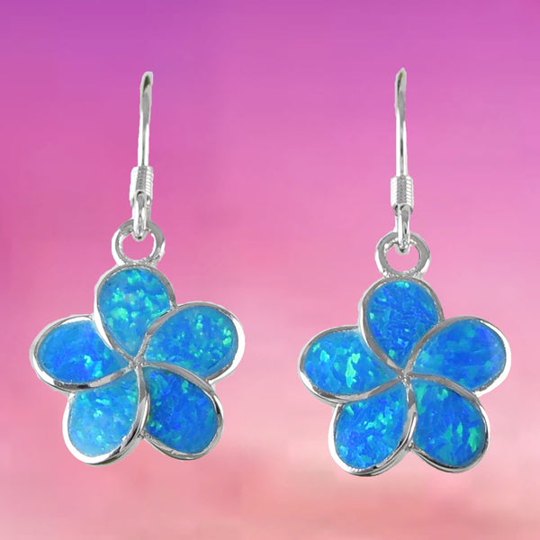 Boucles d'oreilles élégantes en opale bleue hawaïenne Plumeria, boucles d'oreilles pendantes en argent sterling avec fleur de Plumeria opale, E4032, cadeau d'anniversaire pour femme, maman, mère