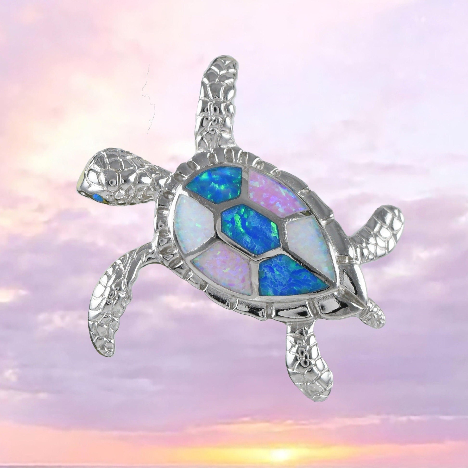 Gorgeous Hawaiian X-Large Tri-color Opal Sea Turtle Earring and Necklace, Sterling Silver Blue White Pink Opal Turtle Pendant, N8365S2 - Hawaii Treasures Shop