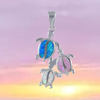 Collier unique et magnifique avec maman hawaïenne et 2 bébés tortues de mer, pendentif en argent sterling avec opale tricolore pour famille de tortues de mer, cadeau d'anniversaire N8369