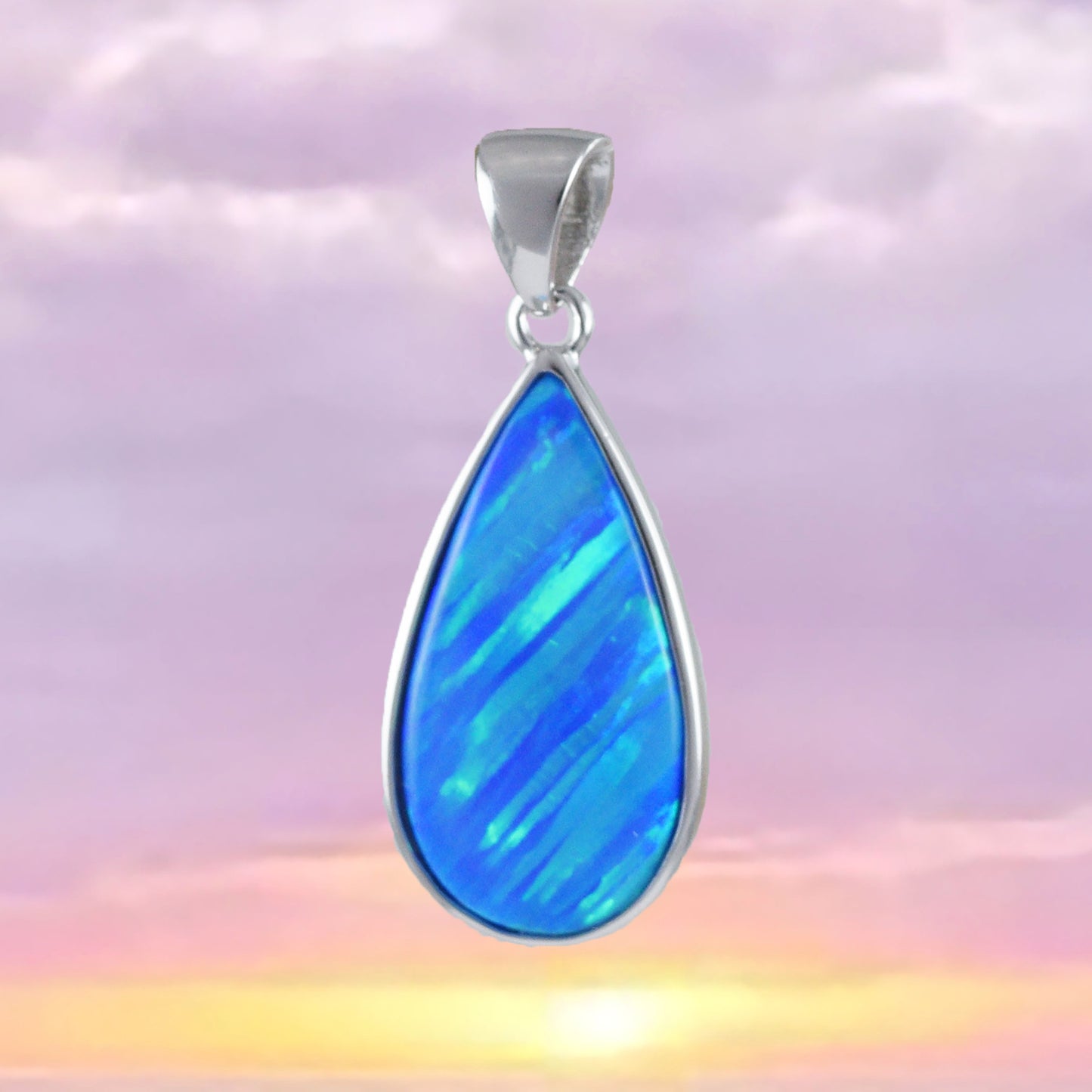 Beautiful Hawaiian Blue Opal Rain Drop Necklace, Sterling Silver Blue Opal Rain-Drop Pendant, N8388 Birthday Mom Mother Gift