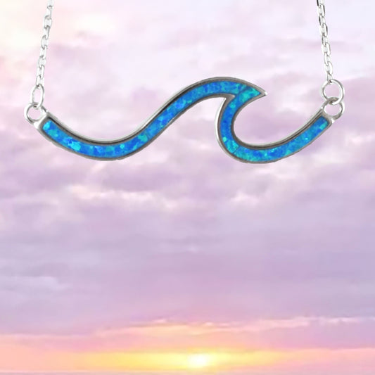 Unique Hawaiian Blue Opal Ocean Wave Necklace, Sterling Silver Blue Opal Wave Necklace, N8390 Birthday Mom Mother Gift, Island Jewelry