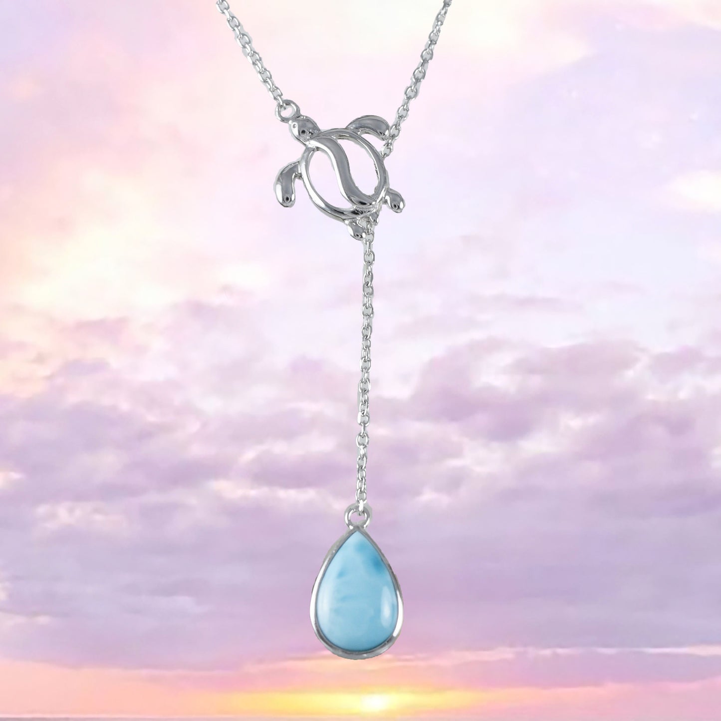 Collier unique en forme de goutte de pluie en forme de tortue de mer en larimar véritable hawaïen, collier lariat en argent sterling en forme de tortue en larimar, cadeau d'anniversaire pour maman N8433