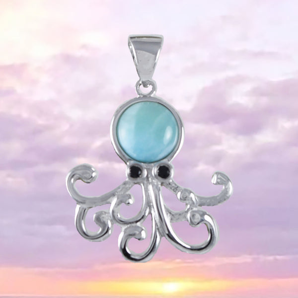 Collier unique en véritable larimar hawaïen avec pendentif en argent sterling et poulpe, N8439, cadeau d'anniversaire pour mère, épouse, maman