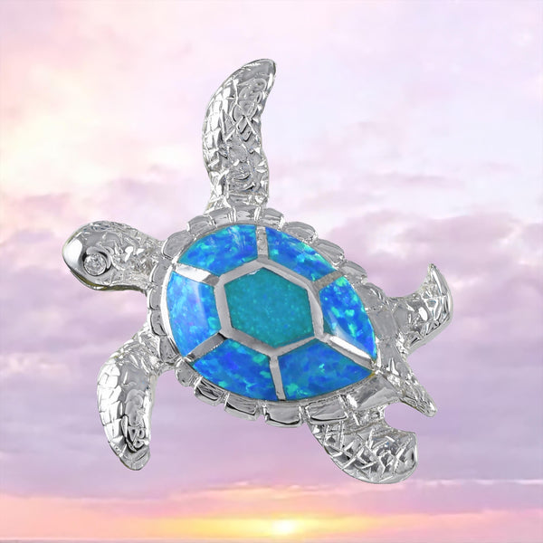 Gorgeous Hawaiian X-Large Blue Opal Sea Turtle Necklace, Sterling Silver Blue Opal Turtle Pendant, N8833 Birthday Mom Mother Gift