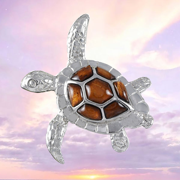 Unique Hawaiian Large Genuine Koa Wood Sea Turtle Necklace, Sterling Silver Koa Wood Turtle Pendant, N8502 Birthday Mother Wife Mom Gift