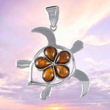 Beautiful Hawaiian X-Large Genuine Koa Wood Sea Turtle Necklace, Sterling Silver Koa Wood Plumeria Turtle Pendant, N8505 Birthday Mom Gift