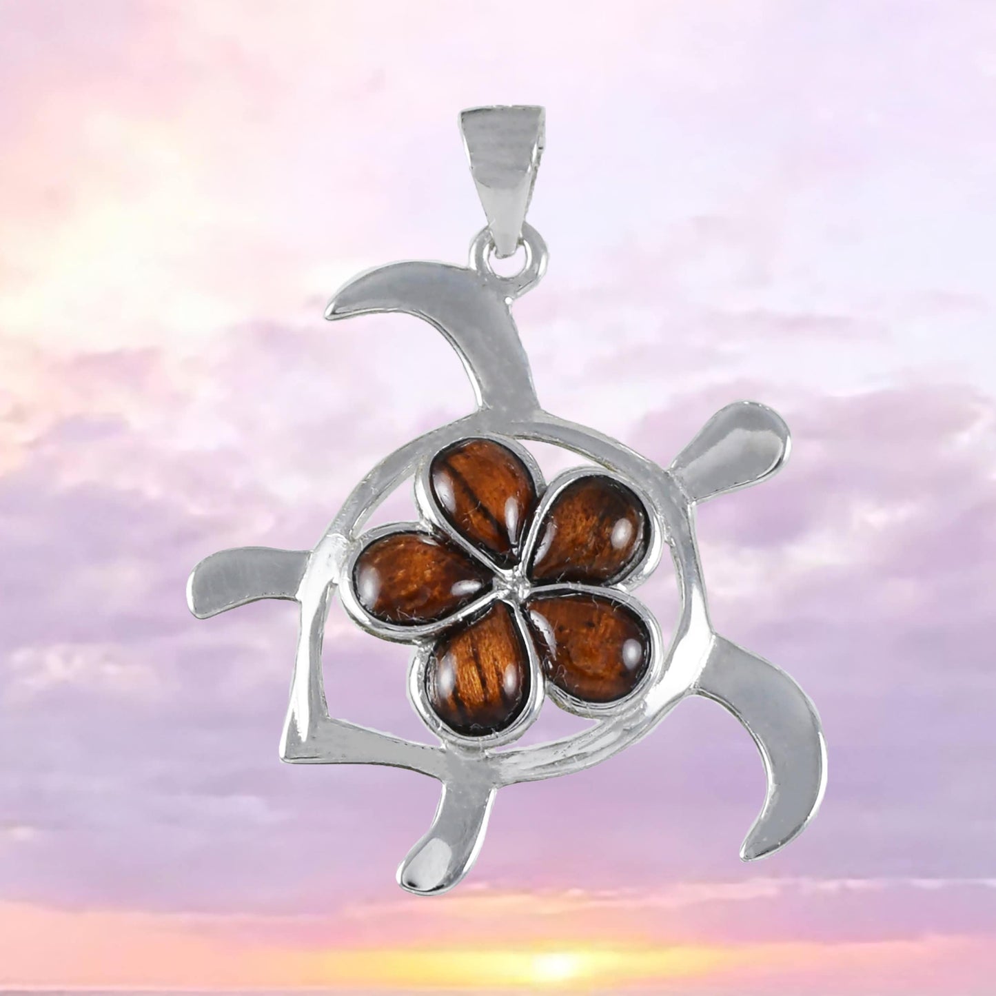 Beautiful Hawaiian Large Genuine Koa Wood Sea Turtle Necklace, Sterling Silver Koa Wood Plumeria Turtle Pendant, N8506 Birthday Mom Gift