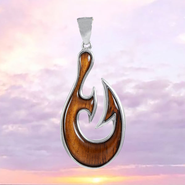 Gorgeous Hawaiian X-Large Genuine Koa Wood Fish Hook Necklace, Sterling Silver Fish Hook Pendant, N8513 Birthday Mother Gift