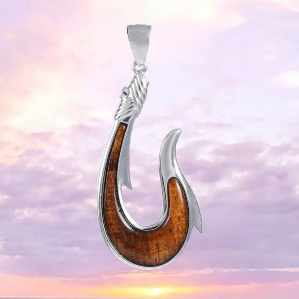 Gorgeous Hawaiian X-Large Genuine Koa Wood Fish Hook Necklace, Sterling Silver Fish Hook Pendant, N8514 Birthday Mother Gift