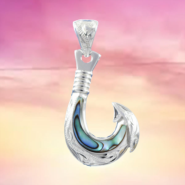 Collier unique en forme d'hameçon en coquillage de paua hawaïen véritable, pendentif en forme d'hameçon en argent sterling et nacre d'ormeau, cadeau de Saint-Valentin, d'anniversaire ou de maman, N8851