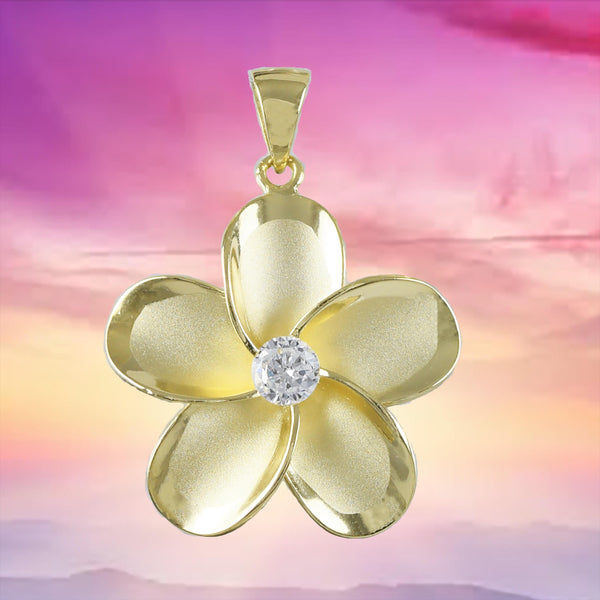 Magnifique collier hawaïen de grande taille en plumeria, pendentif en argent sterling plaqué or jaune avec fleur de plumeria en zircone cubique, cadeau d'anniversaire pour maman N8856