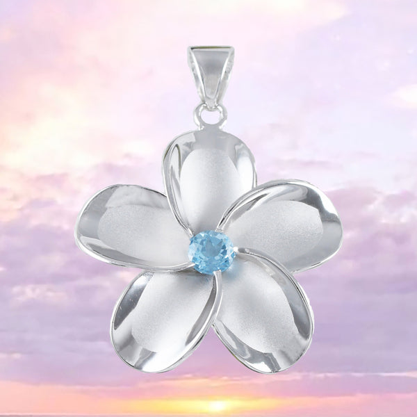 Beautiful Hawaiian X-Large Genuine Blue Topaz Plumeria Necklace, Sterling Silver Plumeria Flower Pendant, N8533 Birthday Mother Mom Gift