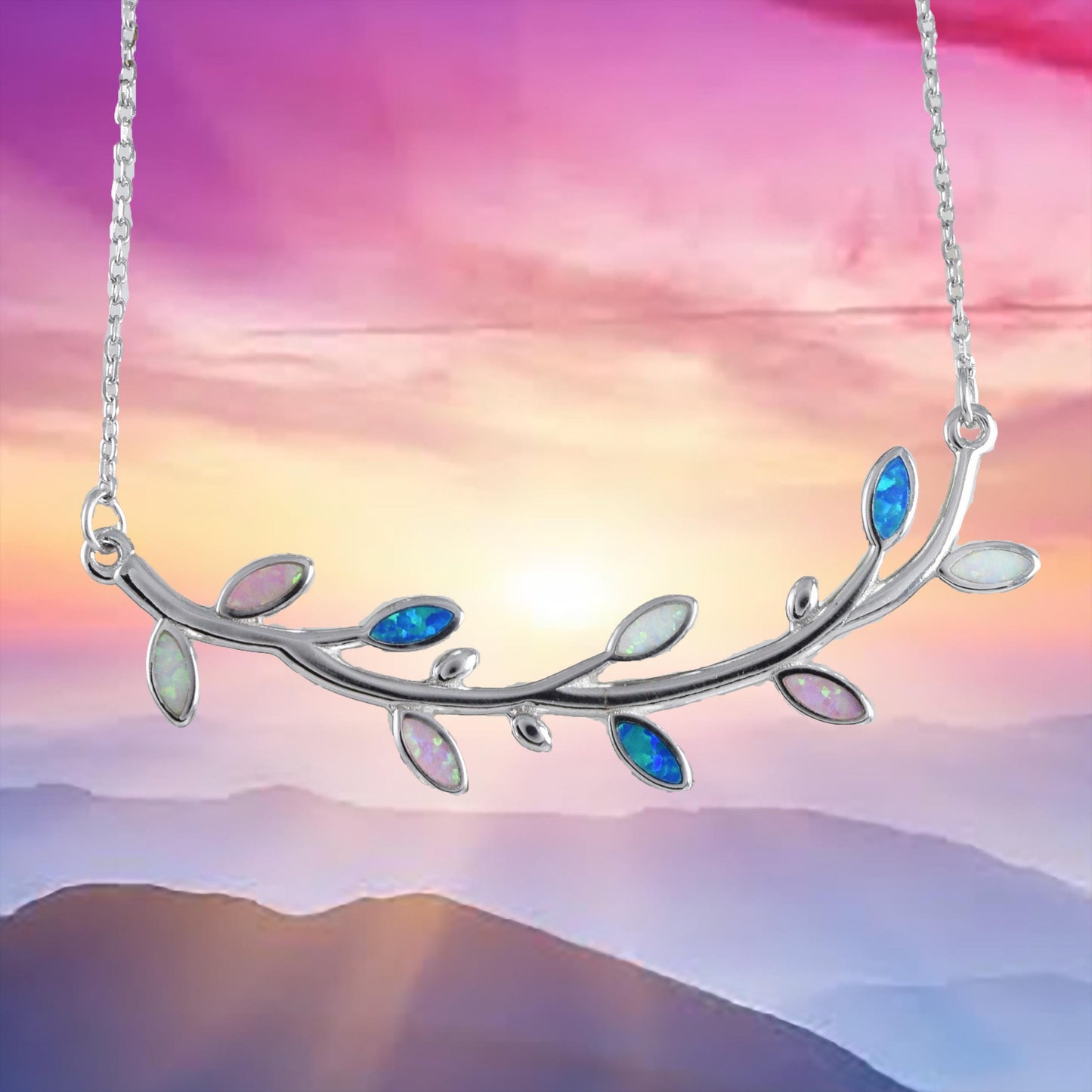 Unique Beautiful Hawaiian Tri-color Opal Maile Leaf Necklace, Sterling Silver Opal Maile Leaf Necklace, N8839 Birthday Mom Mother Gift