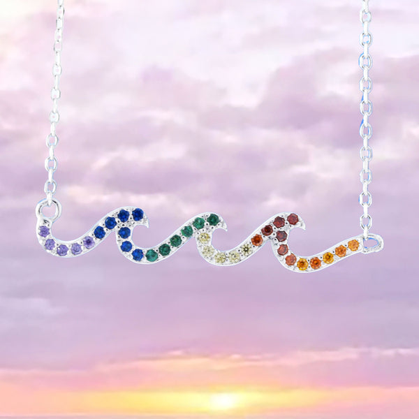 Collier unique en forme de vague arc-en-ciel hawaïenne, collier en argent sterling avec pierres multicolores, cadeau d'anniversaire pour maman N8542