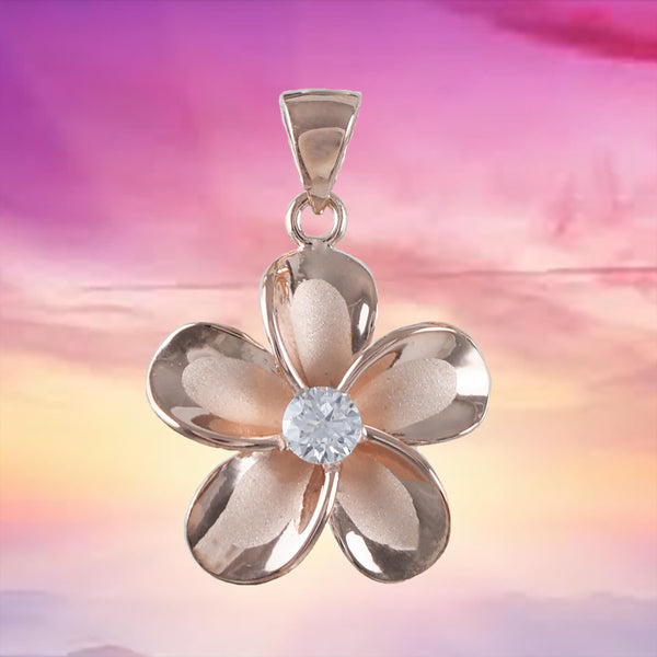 Magnifique collier Plumeria hawaïen, pendentif fleur Plumeria CZ en argent sterling plaqué or rose, cadeau d'anniversaire pour maman N8854