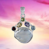 Gorgeous Hawaiian Large Genuine Peridot Citrine Amethyst Blue Topaz White Pearl Necklace, Sterling Silver Gemstone Pendant, N8870