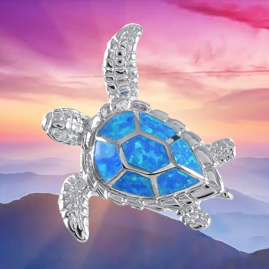 Pretty Hawaiian Sea Turtle Necklace, Sterling Silver Blue Opal Turtle Pendant, N6021 Birthday Valentine Wife Mom Gift, Island Jewelry