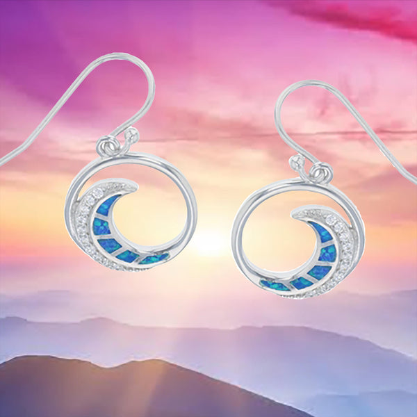 Boucles d'oreilles uniques et magnifiques en forme de vague d'océan en opale bleue hawaïenne, boucles d'oreilles pendantes en argent sterling avec opale bleue et zircone cubique, cadeau de Noël, d'anniversaire ou de maman E8964