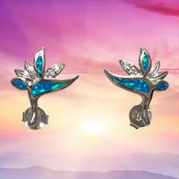 Pretty Hawaiian Bird of Paradise Earring, Sterling Silver Blue Opal Bird of Paradise CZ Stud Earring, E4169 Birthday Wife Mom Gift