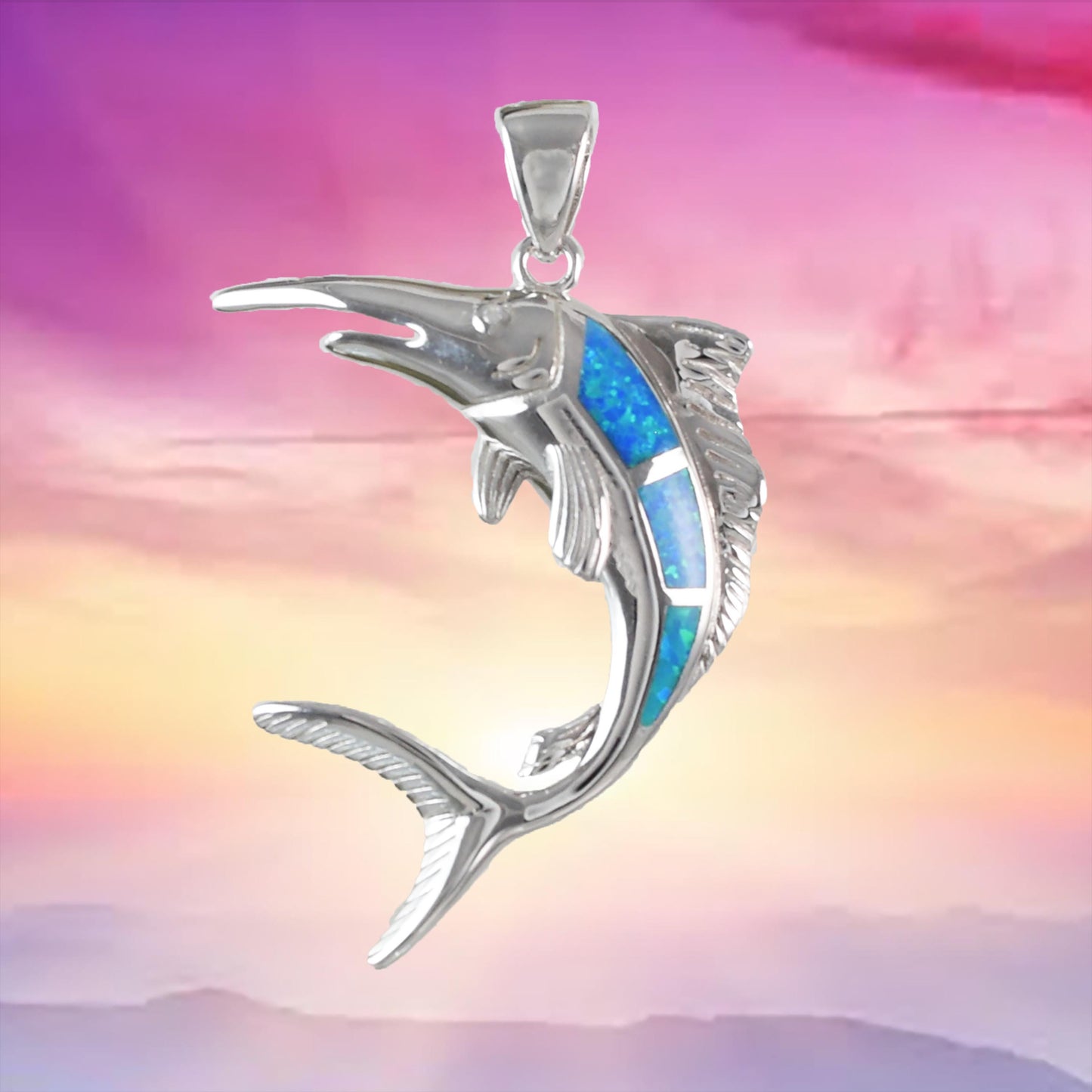 Unique Gorgeous Hawaiian X-Large Blue Opal Marlin Necklace, Sterling Silver Opal Marlin Fish Pendant, N6152 Birthday Mom Gift, Statement PC - Hawaii Treasures Shop